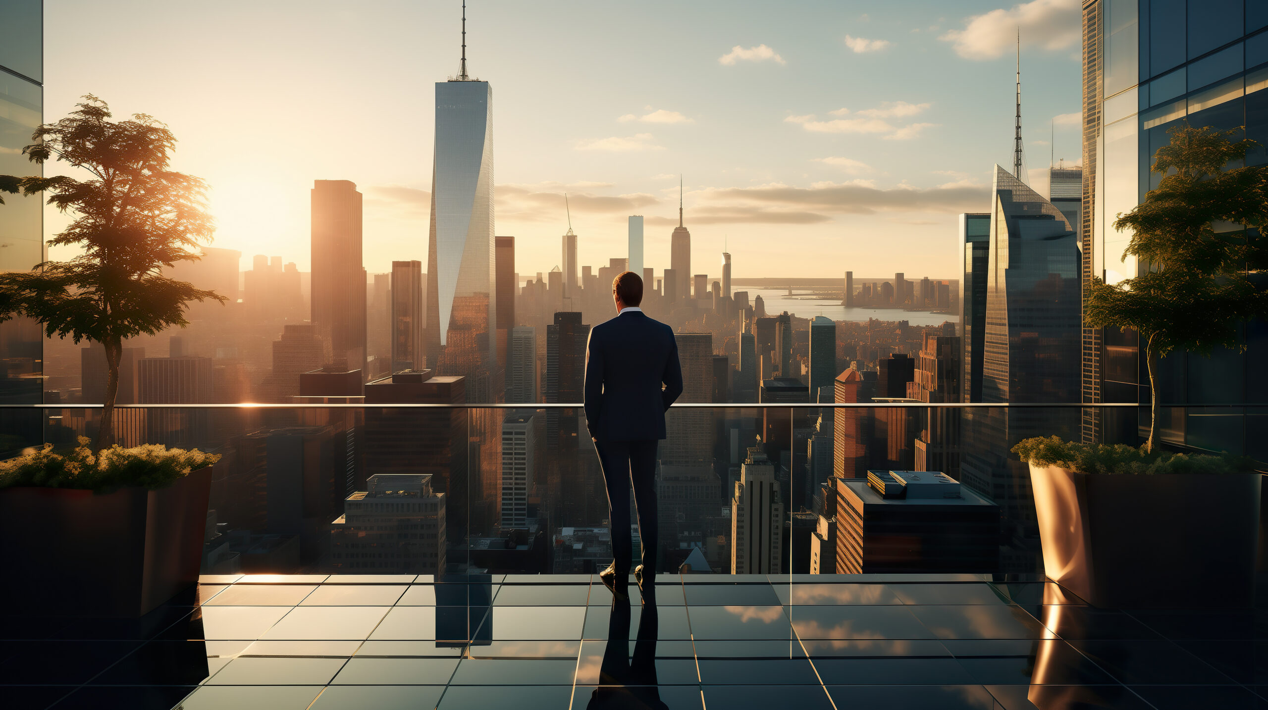 Businessman standing on the top floor of commercial building admiring the city view
