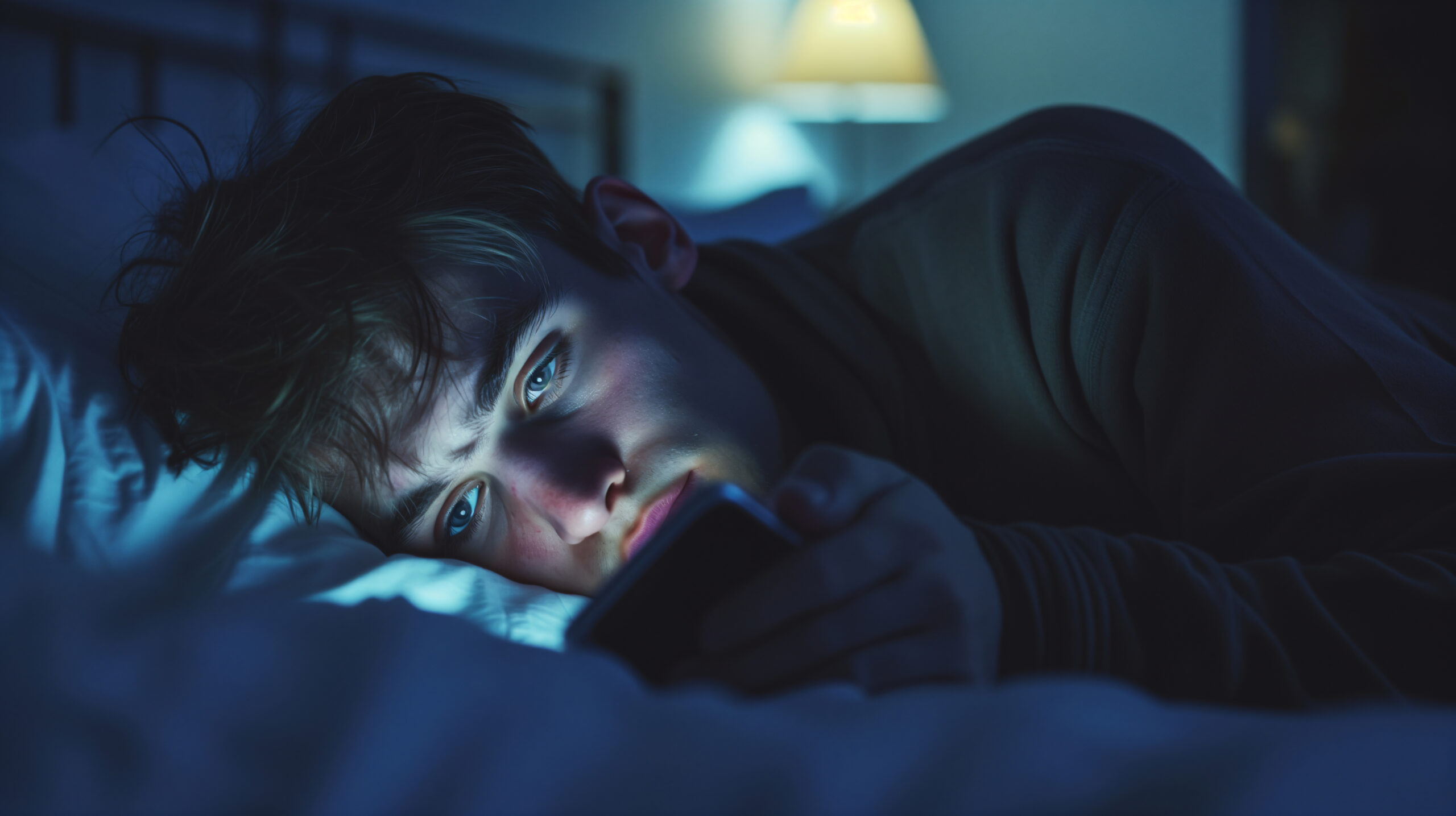 Doomscrolling. FOMO. Young man lying in bed at night, checking phone with a worried and anxious expression.